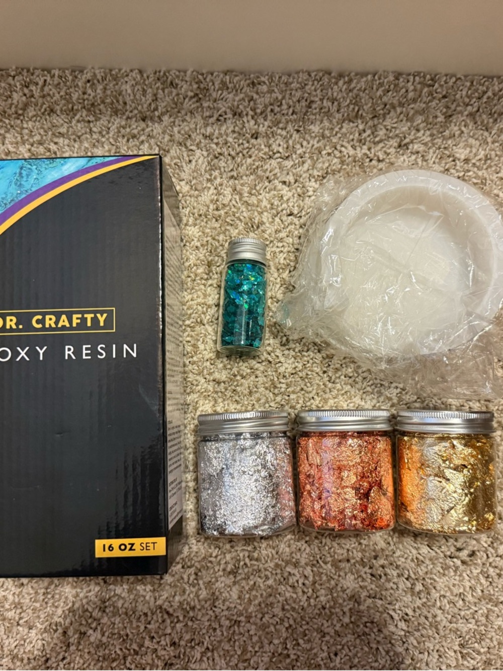 Dr. Crafty Epoxy Resin Kit with Metallic Flakes - Teal, Silver, Copper, Gold